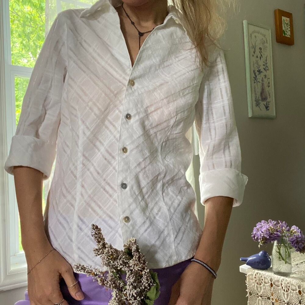 Linen Cotton Vintage Women's White Blouse M half sleeve buttoned shirt